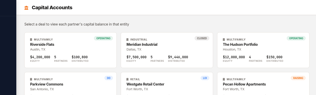 Capital account view showing contributions, distributions, and unreturned capital per investor