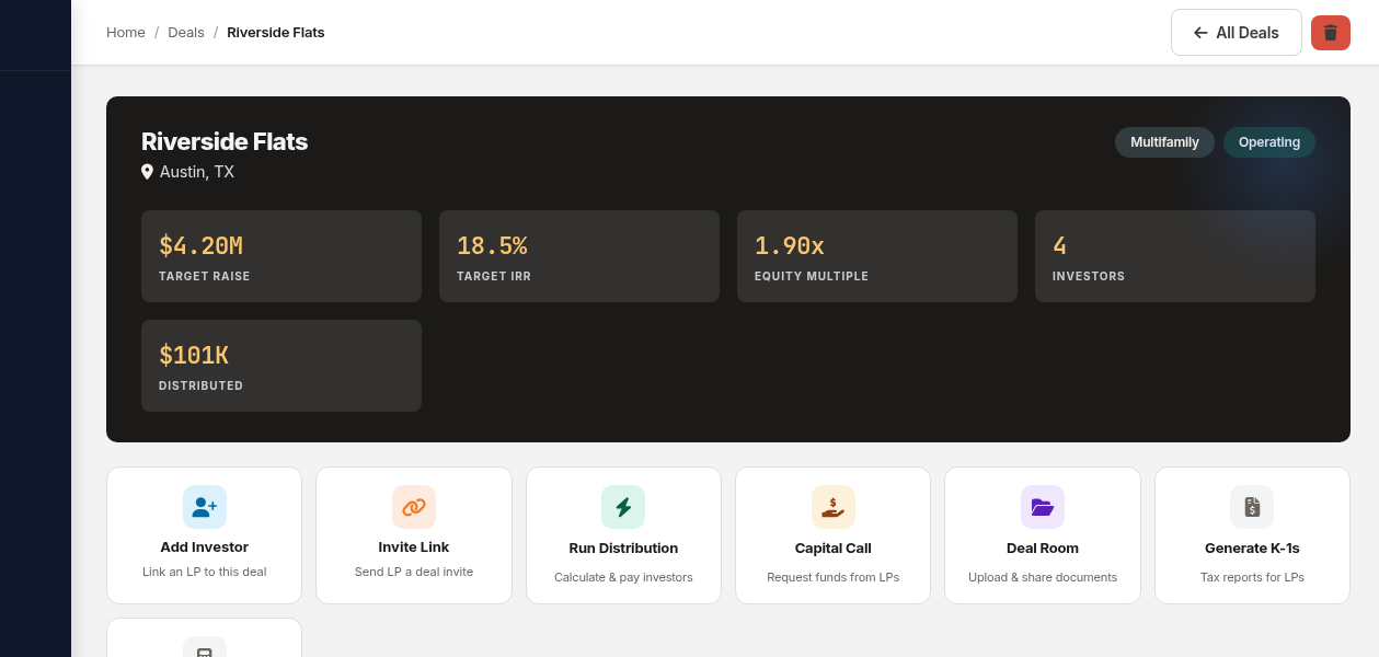 Deal detail page showing property info, investor table, financials, and action buttons