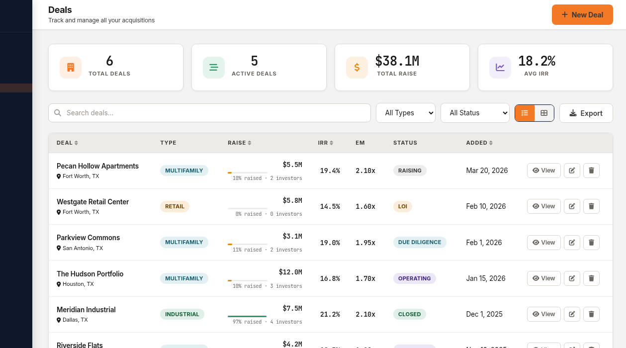 deeltrack deals page showing portfolio of properties with status, raise progress, and IRR