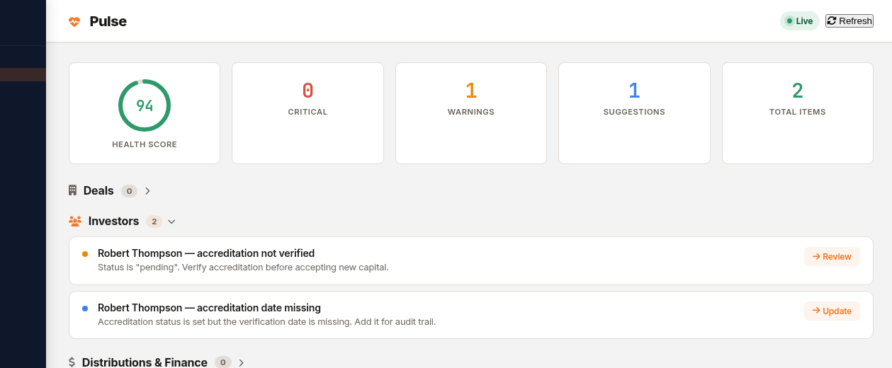 deeltrack Pulse dashboard showing health score, critical issues, and portfolio-wide findings